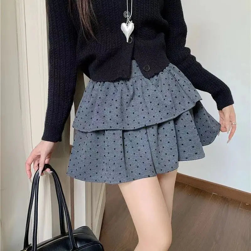 BXOXO Sweet Kawaii Mini Skirt Women Grey Korean Style Elegant Dot Short Skirts Coquette Fashion High Waist Cute Ruffle Skirt