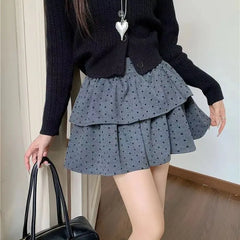 BXOXO Sweet Kawaii Mini Skirt Women Grey Korean Style Elegant Dot Short Skirts Coquette Fashion High Waist Cute Ruffle Skirt