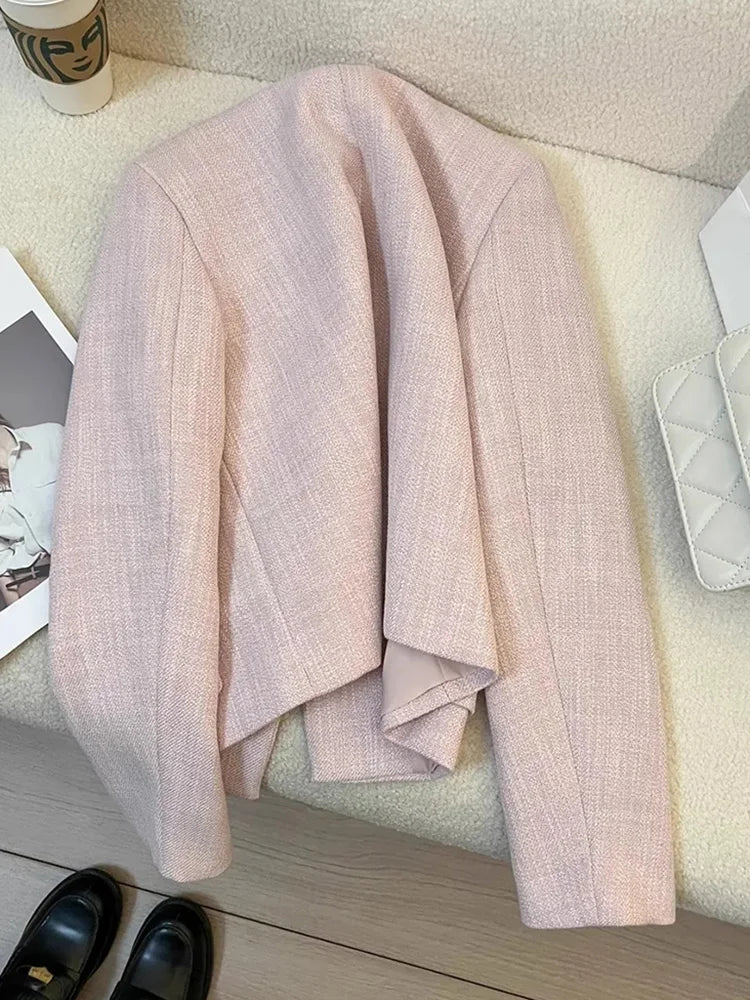Bxoxo Elegant Women Pink Blazer Coat Sweet Long Sleeve Fashion Slim Suit Jacket Korean Chic O Neck Female Fall Winter Casual Outwear