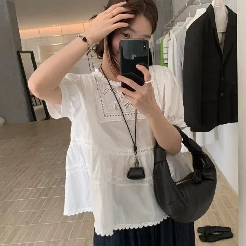 Bxoxo Sweet Korean Sle Lace irt Women's Faion Slimming Loose Bubble Sve Hollow out d Top Commute Sle round Ne or...