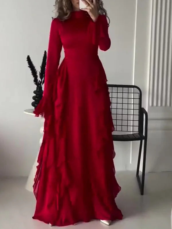 BXOXO Elegant Long Sleeved Ruffled Round Neck Maxi Dress For Women's Spring New 2025 Party Club Evening Dress Slim Vestidos