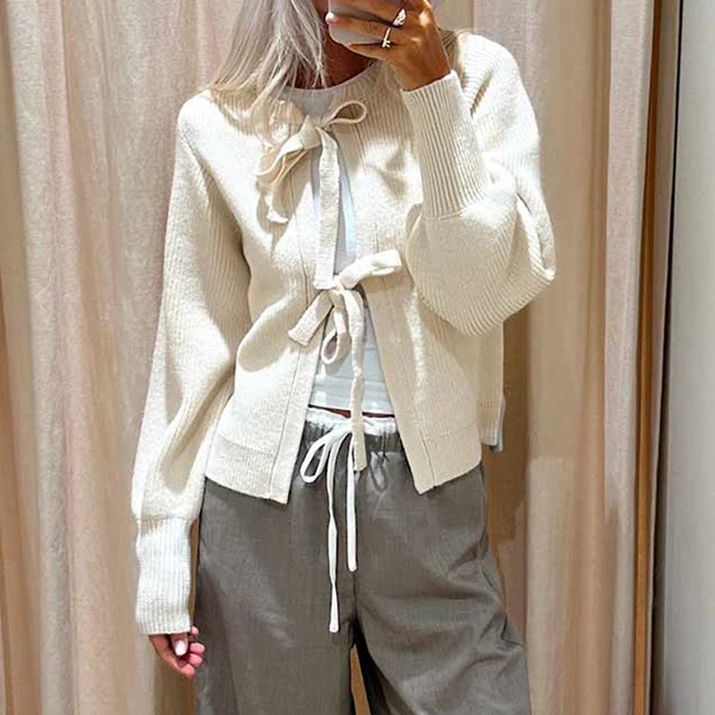 BXOXO Autumn Winter Knit Cardigan Y2K Kawaii Tie Front Long Sleeve Sweater Coat Women Fashion Loose Fit Knitwear Jackets Streetwear