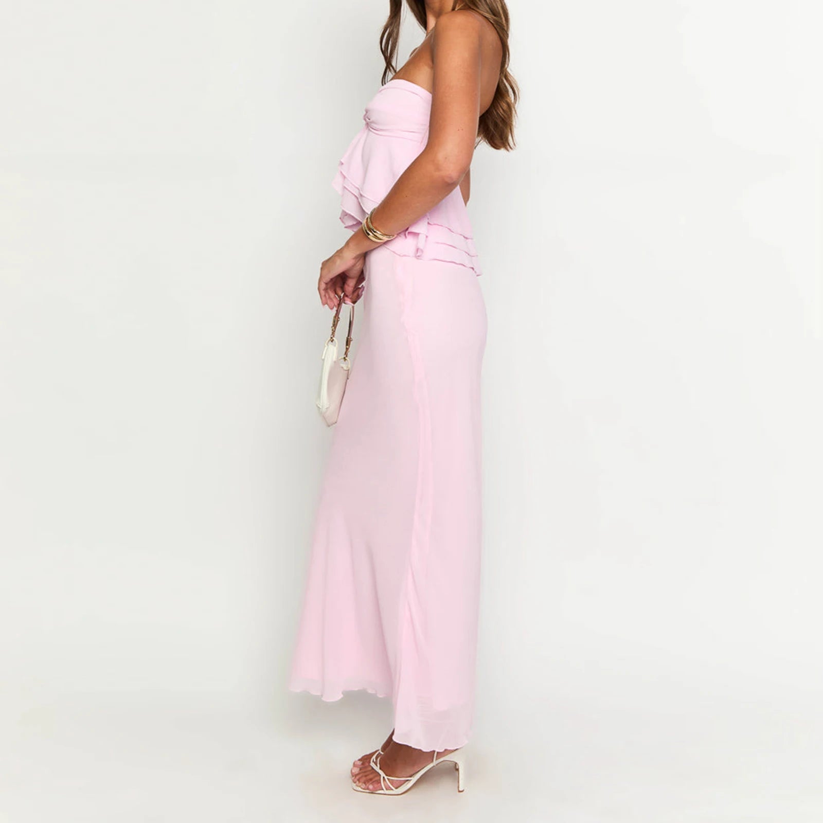 BXOXO Women's Summer 2 Piece Skirts Outfits Solid Color Ruffles Strapless Tube Tops High Waist Long Skirts Party Clothes Set