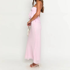 BXOXO Women's Summer 2 Piece Skirts Outfits Solid Color Ruffles Strapless Tube Tops High Waist Long Skirts Party Clothes Set