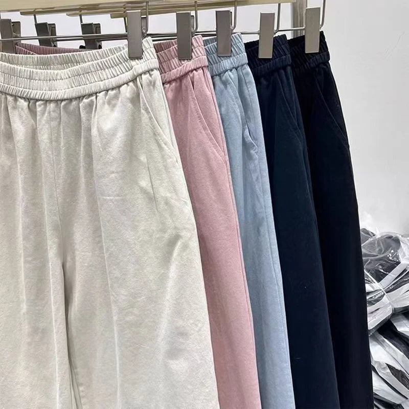 Bxoxo Korean Chic Ruffle Patchwork Ankle Length Pants Women Summer High Waist Loose Wide Leg Pants Elastic Waist Baggy Casual Trousers