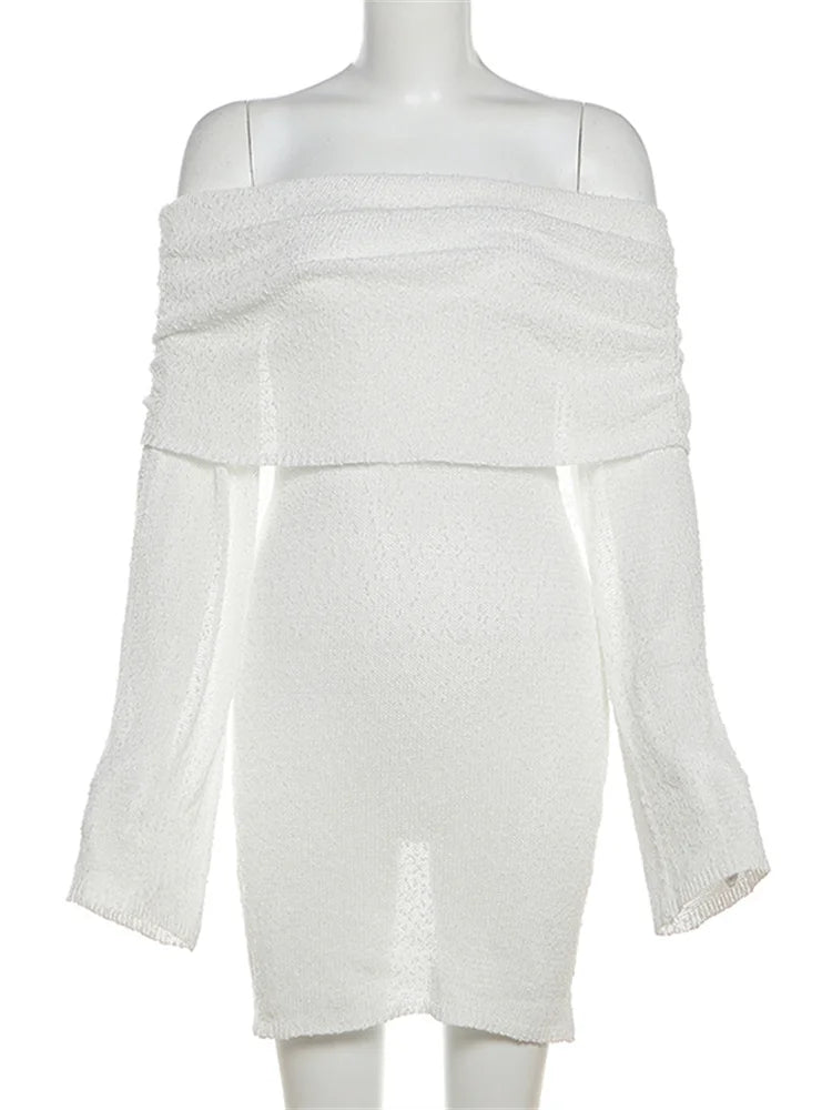 BXOXO Fashion Mesh Patchwork Dress Women Knitted Elegant Ruched Slash Neck Flared Sleeve Vacation Beach Party Mini Bodycon