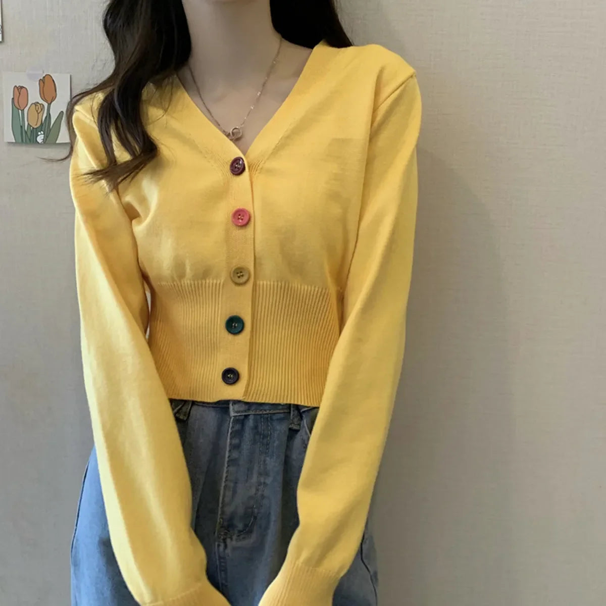 Bxoxo Autumn and Winter Little Fresh Colorful Buttons Younger Slim-Fit Slimming V-Collar Cardigan Long-Sleeved Sweater Top for Women