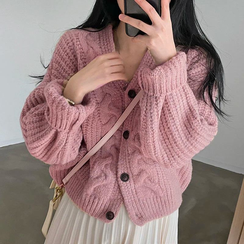 BXOXO Women Ribbed Single-breasted Loose Cardigan Sweater Coat Short Jacket Knit V-Neck Casual Sweater For Women Fall Winter