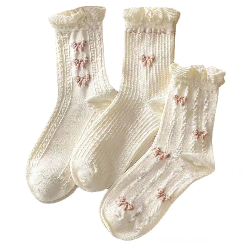 BXOXO Simple White Socks Versatile Lovely Bowknot Small Flowers Women's Medium Tube Socks kawaii Harajuku jk Lolita Girls Cotton Socks