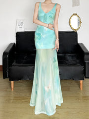 BXOXO Fashion Elegant Butterfly Print Skinny Sheer Trim Trumpet Sleeveless Summer New Mint Manbo Dresses
