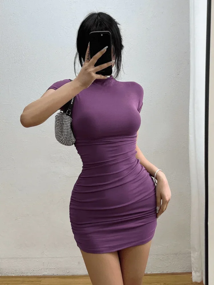 BXOXO Sexy Tight Half High Collar Pleated Waist Mini Dress Spicy Girls Slim Dresses Bodycon Women Vestidos Cortos Party Mujer Clothing