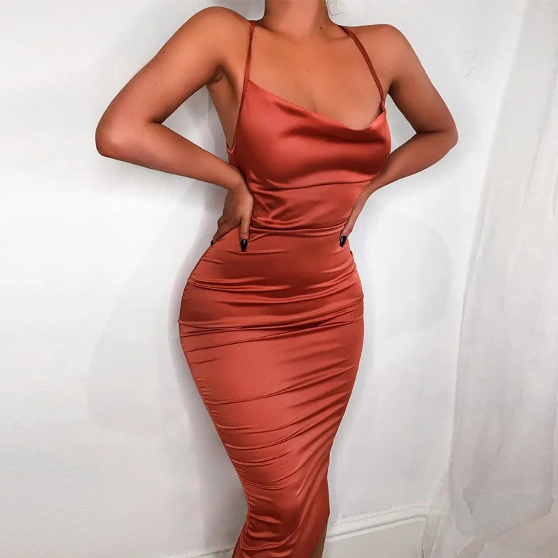 BXOXO Satin Lace Up Women's Long Midi Dress Light Pink Bodycon Backless Elegant Party Sexy Club Clothes Summer Dinner Outfit