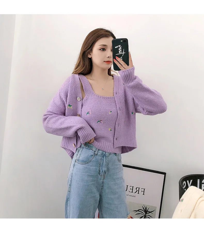 Bxoxo Two-piece Top Suit Flower Embroidered Knitted Korean Style Cardigan Autumn Fashion Sling Sweater Slim Sweet Jacket Sets