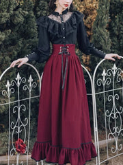 BXOXO Vintage Gothic Two Piece Dress Sets Women Black Lace Ruffle Blouse + Lace-up Midi Skirt Winter Court Retro Casual Suits Y2k
