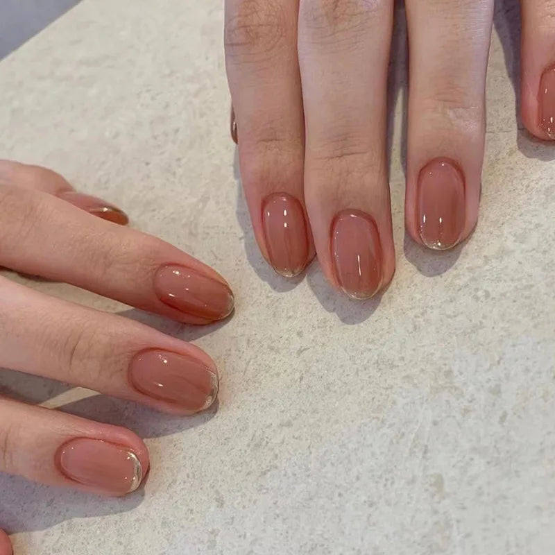 Bxoxo 24P French Oval False Nails Girls White Edge Design Nude Color Wearable Press on Nail Full Cover Short Acrylic Almond Fake Nails