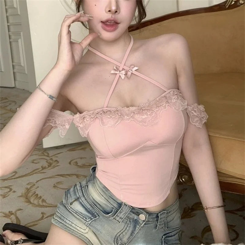 Bxoxo Sexy Slash Neck Lace Halter Camis Women Summer Sweet Slim Sleeveless Vest Y2K Streetwear Hot Girls Off Shoulder Tank New