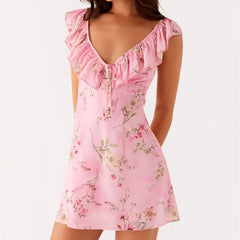 BXOXO Women Mini Dress Sleeveless V Neck Backless Tie-up Floral/Dots Summer A-line Dress for Club Party Holiday Beach Sundress