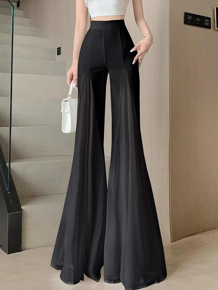 Bxoxo Chic Mesh Patchwork Flare Pant Women Casual Fashion Loose High Waist White Trousers Elegant Design Lady Summer Sweet Pants