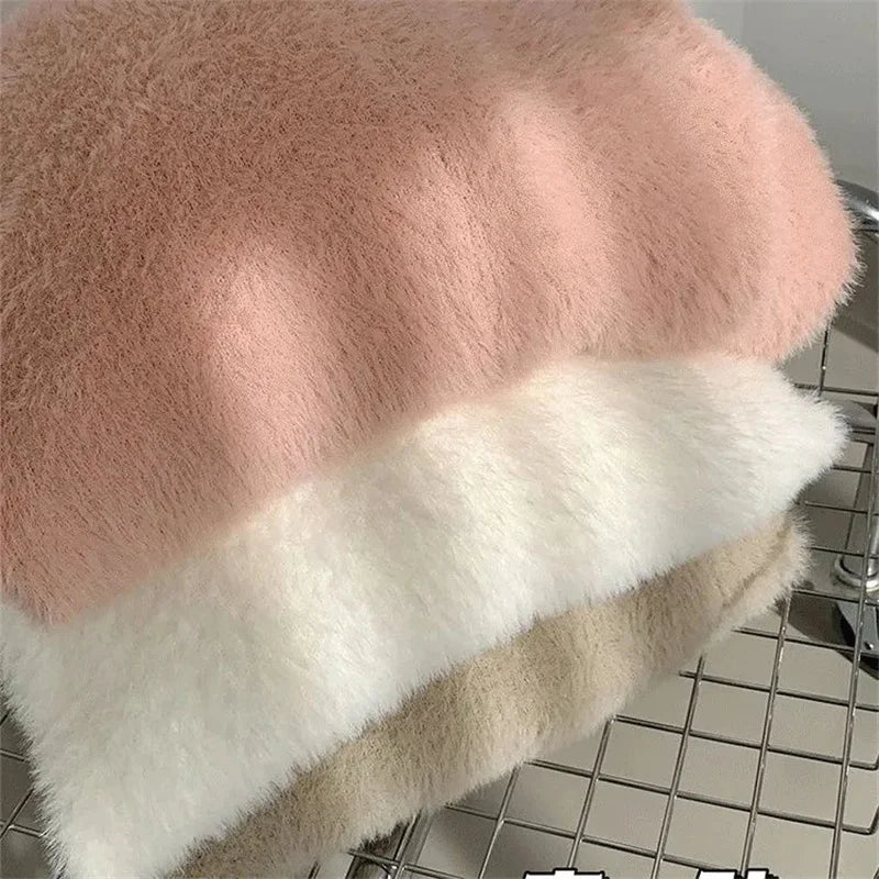 Bxoxo New Imitation Mink Coat Slimming Autumn And Winter Loose Fitting Long Sweater Thickened Lazy Knitted Cardigan Jacket White