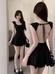 BXOXO Fashion Sexy Backless Lace Up Black Dresses Y2k E-Girl Slim Waist Dress for Women 2025 Summer New A-line Vestidos Mujer