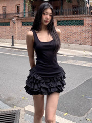 Bxoxo Black Sweet Camis Dress Women Summer Fashion Ruffle Patchwork Streetwear Tutu Dress Sexy Slim Sleeveless Mini Vestidos Female