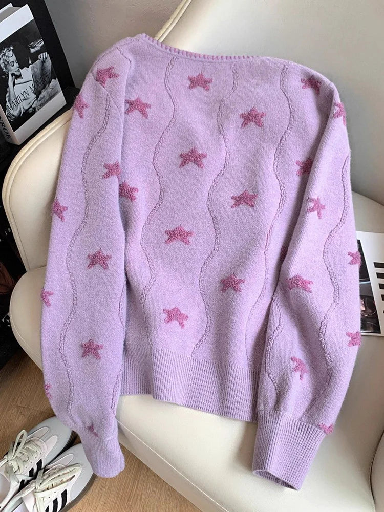 Bxoxo Stars Print Vintage Cardigan Women Casual Cute Long Sleeve Loose Knitted Sweater Korean Retro O Neck Female Purple Tops New