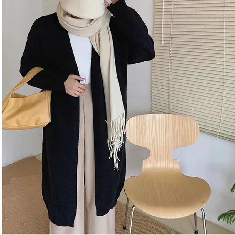 BXOXO Knitted Long Cardigan Sweater Coat Thicken Warm Loose V-Neck Casual Sweater Coat Office Jacket For Women Fall Winter