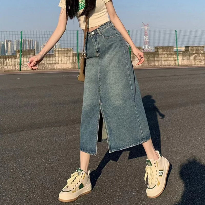 Bxoxo Summer New High-waist Slit Denim Skirt For Women Washed Retro A- line Skirt Hip-covering Straight Long Skirt
