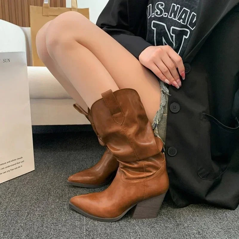 BXOXO Female Western Boots Cowboy Boots Women Plested Women Ankle  Pu Leather Shoes Autumn Boots Women Booties Lady Plus Size 42
