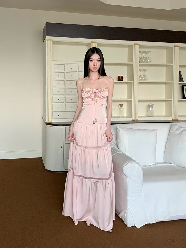 Bxoxo Pink Satin Backless Maxi Dress For Woman Shirring Beading A Line Long Tube Dress 2025 Summer Vacation Clothes