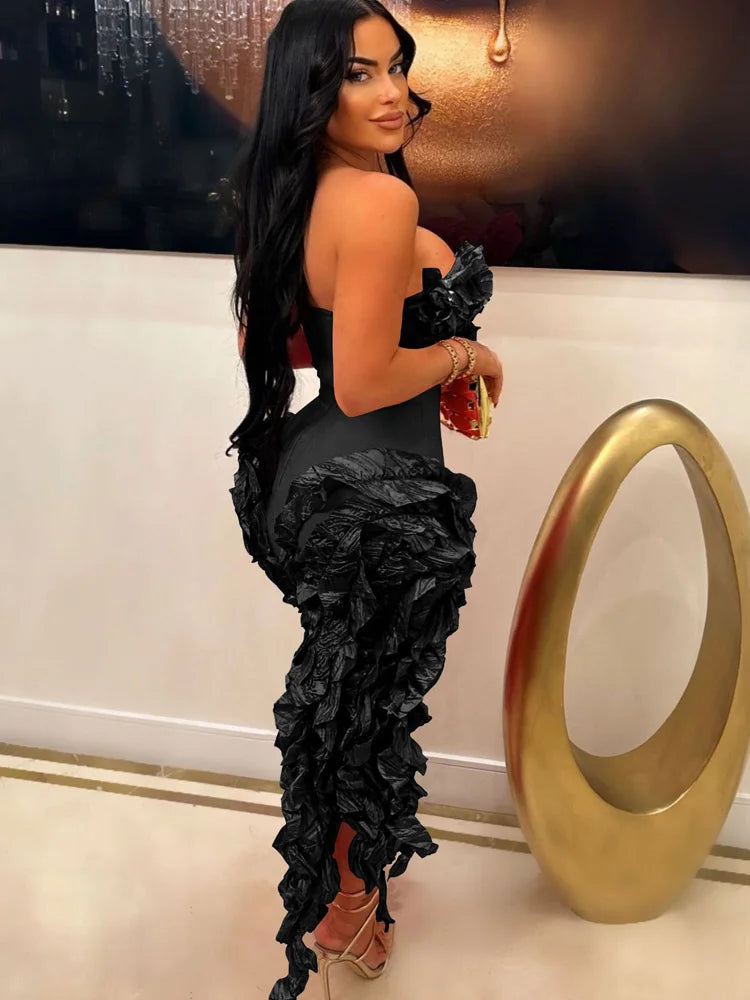 BXOXO  Women Summer Strapless Ruffles Tassel Dress Girls Glamour Red Flower Irregular Party Dress Celebrities Outfits Clubwear