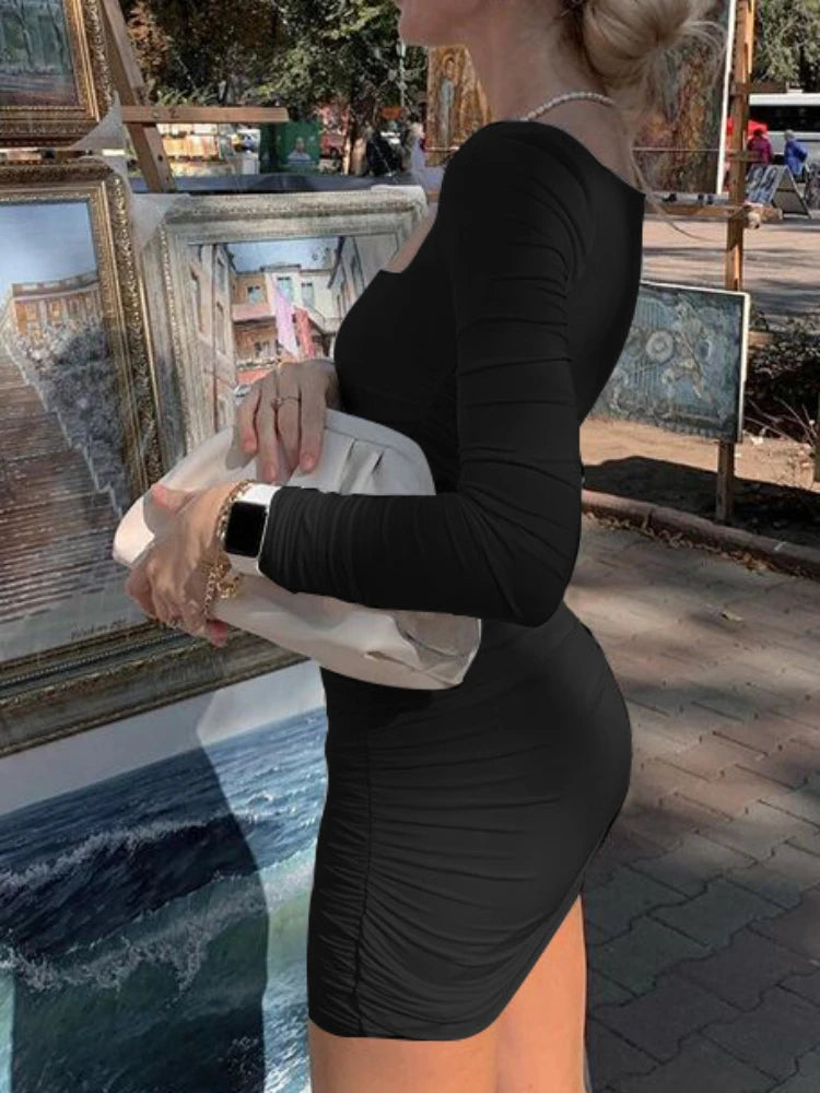BXOXO Elegant Square Collar Long Sleeves Folds Slim Bodycon Dress Women Solid Color Skinny Mini Dress Sexy Club Party Vestidos
