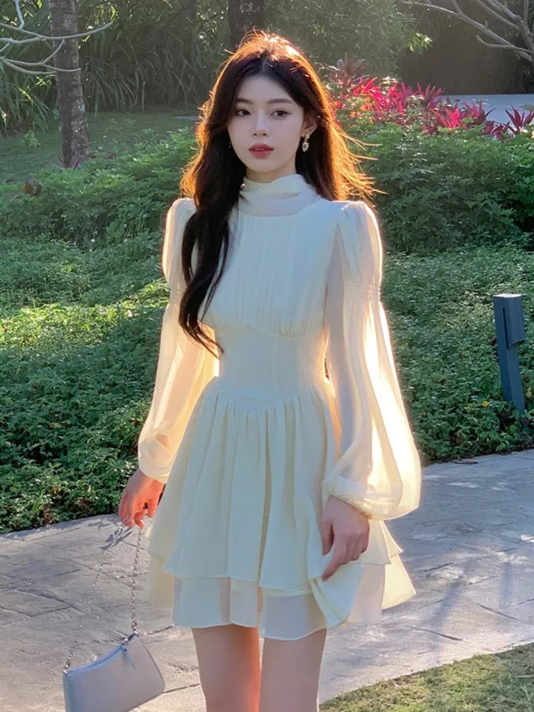 BXOXO French Elegant Slim Ruffle Dress Summer Women Graduation Evening Party Robe Female Bubble Sleeve Korean Chiffon Vestidos