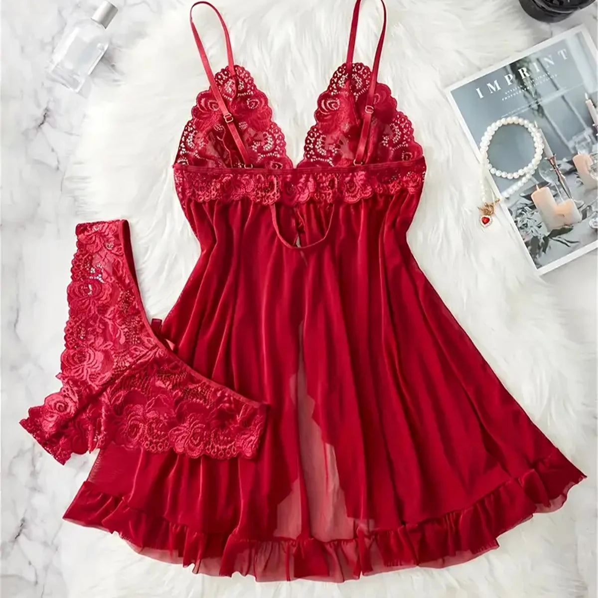 BXOXO Red Sexy Lingerie Erotic Underwear Sets Transparent Porno Lace Bra And Panty Set Lingerie women Hot Sleepwear Babydoll Dress