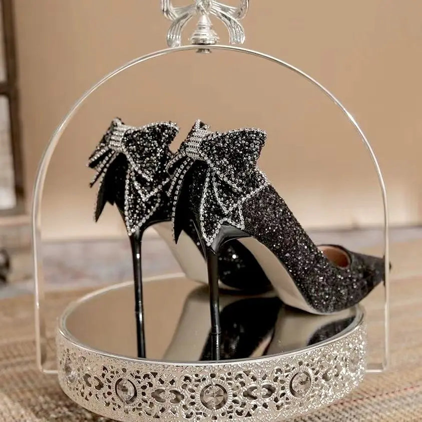 Bxoxo Shoes for Woman Stilito Silver Women's Summer Footwear Wedding Bride Shoe Rhinestone Pointed Toe Super High Heel Diamond 39