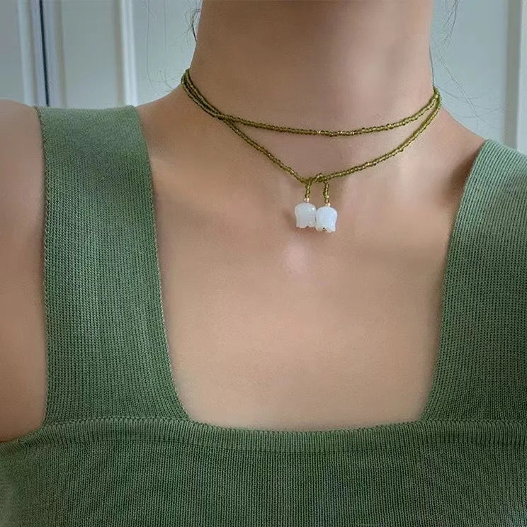 BXOXO Vintage Green Crystal Long Sweater Necklace Summer White Tulip Flower Wedding Aesthetic Jewelry Wholesale