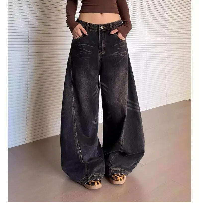 Bxoxo Vintage Washed Black Women's Jeans Wide Leg American Style High Waist Baggy Denim Pants Casual Straight Trousers New