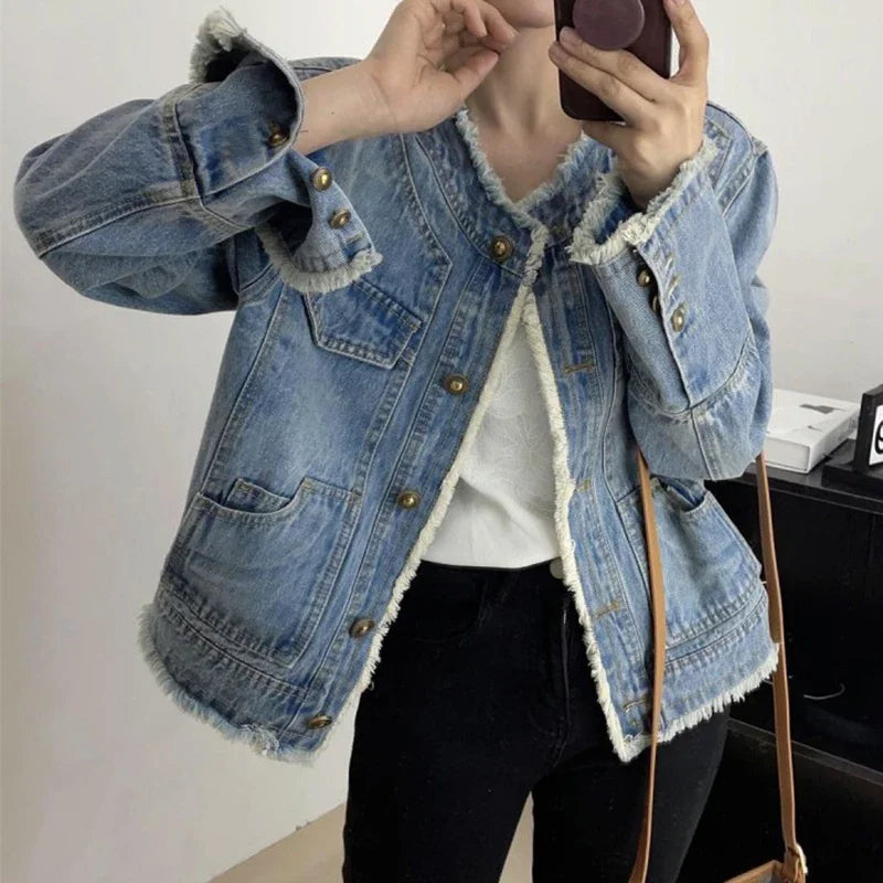 BXOXO Women Long Sleeve Overcoat Loose Denim Coat Single-breasted Cardigan Denim Jacket Casual Outwear Jeans Jackets Autumn