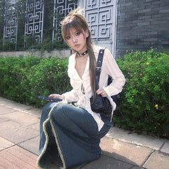 Bxoxo Y2k Aesthetics Pleated Shirt Fairycore Lace Up Blouse Trashy 2000s Style V-neck Shirt Irregular Japanese Harajuku 90s