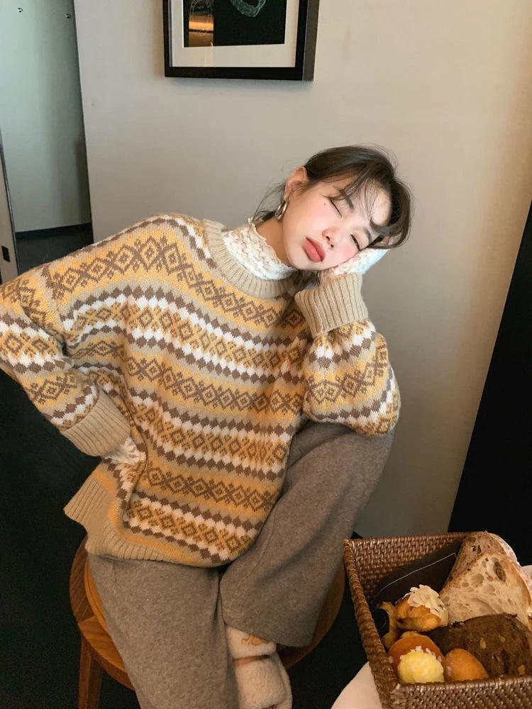 Bxoxo Winter Knitwear Pullover Sweaters For Women Top Blue Vintage Long Loose Autres Sweats Warm Korea Fashion Kawaii Jersey Jumper
