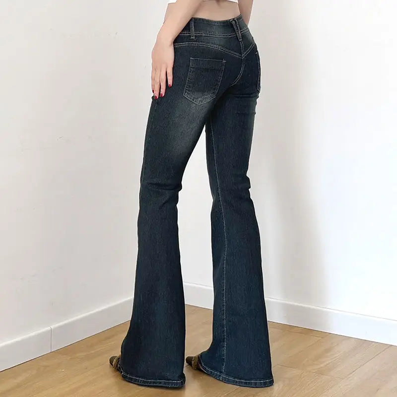 Bxoxo Vintage Washed Basic Flared Jeans Women Low Waist American Style Slim Denim Pants Button-up Trousers Casual Aesthetic