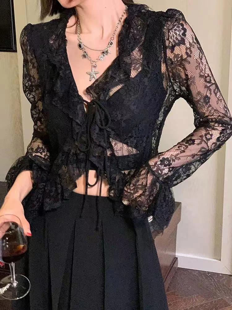 Bxoxo Elegant Lace V-Neck Long Sleeve Shirt Women Fashion Design Sexy Hollow Out See Sun Protection Tops Y2K Summer Chic Thin Blouse