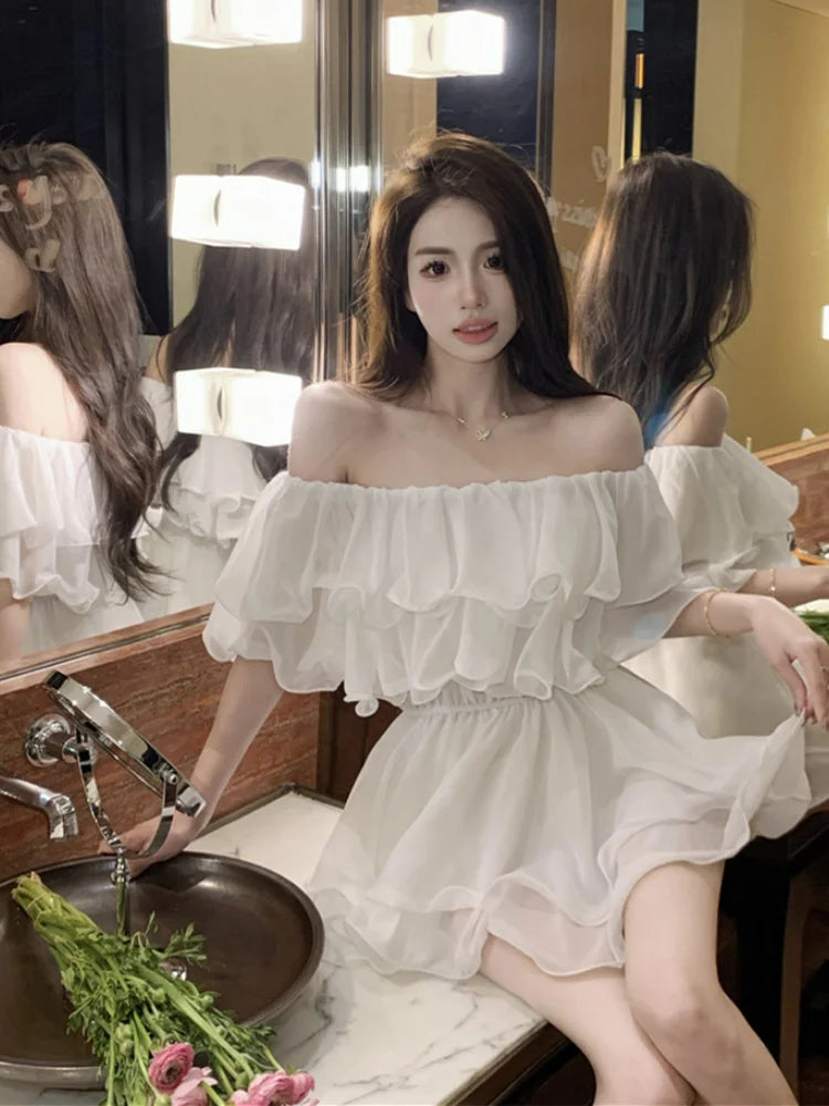 BXOXO Dresses Women Off Shoulder Slash Neck Ruffles Sexy Spring Summer Patchwork Solid Loose Elegant Mini Dress Ladies Fashion