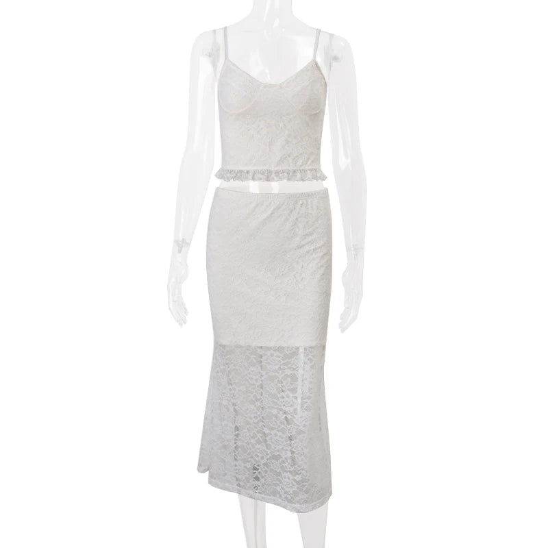 Bxoxo Sexy Lace V-neck Spaghetti Strap Tops and Bodycon Trumpet Long Skirt Y2K Summer Fashion Daily Outdoor Women 2 Piece Set