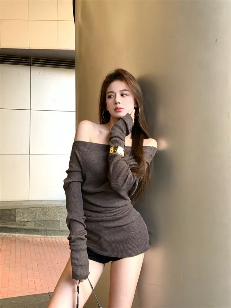 BXOXO Retro Red Knitted Sweater for Women Sexy Slash Neck Slim Fashion Knitted Tops Sweet and Spicy Off Shoulder Pullover Sueter Mujer