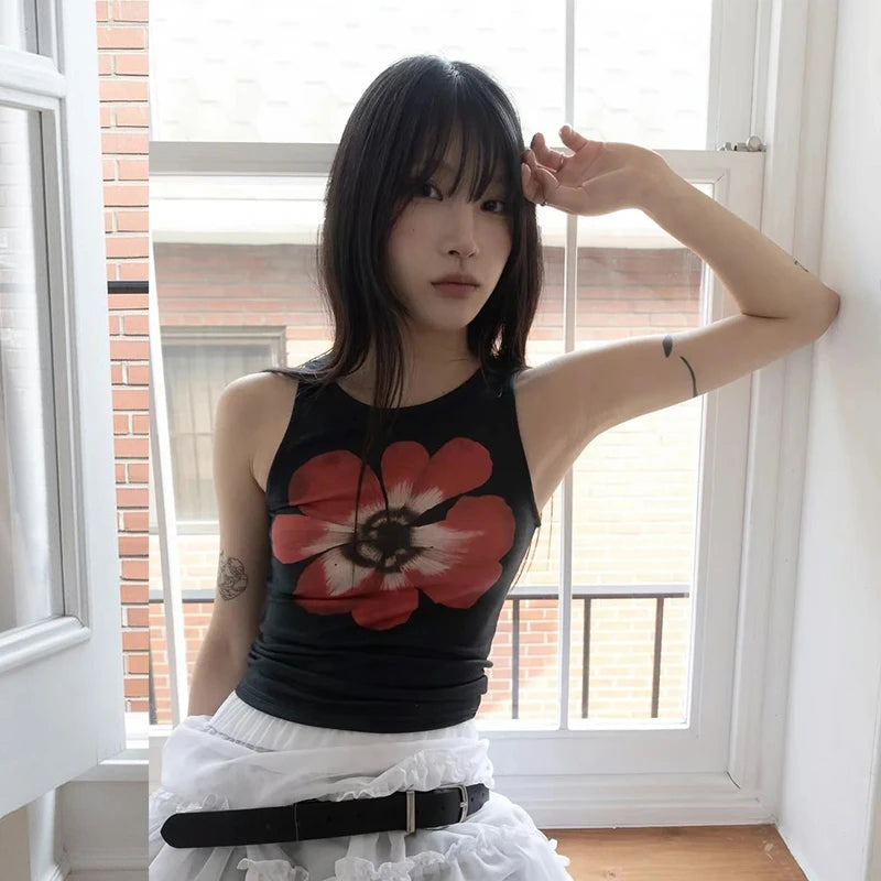 BXOXO Y2k Print Tank Women Floral Sleeveless T Shirt Streetwear Vintage Grunge Crop Tops 2000s Aesthetic Japanese Vest Tops