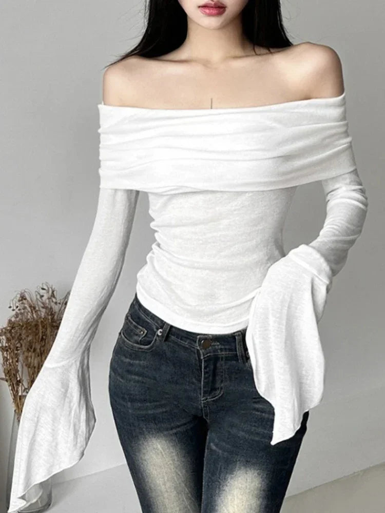 Bxoxo Y2k Aesthetic Women Translucence Tee Shirts Slash Neck Long Sleeve Solid Casual T-Shirts Vintage Off Shoulder Sexy Cute Tshirts