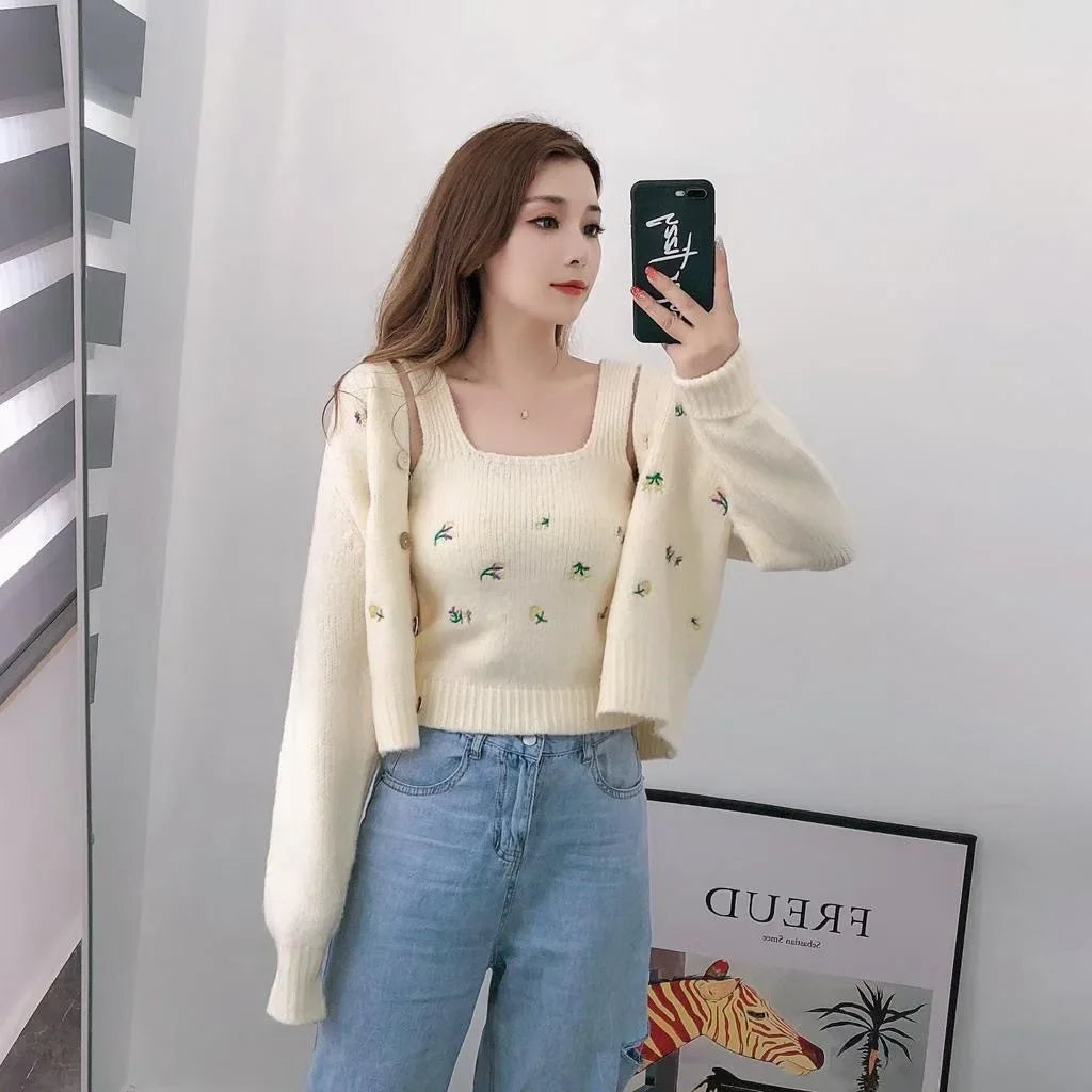 Bxoxo Two-piece Top Suit Flower Embroidered Knitted Korean Style Cardigan Autumn Fashion Sling Sweater Slim Sweet Jacket Sets