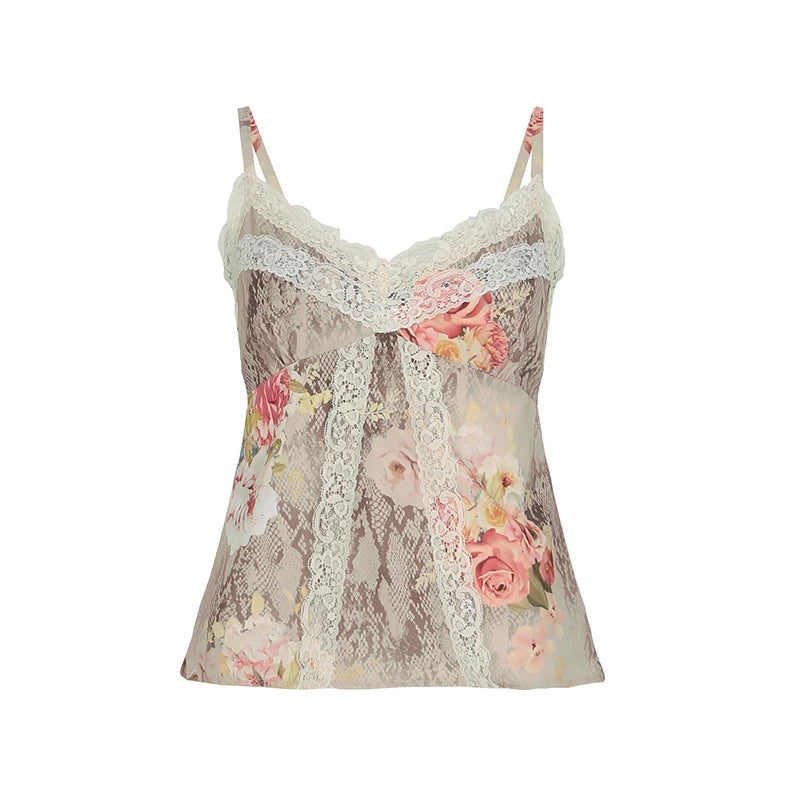 BXOXO Vintage Floral Print Strap Top Retro Y2k Lace Stitching V-neck Crop Tops Women Summer Casual Tees Aesthetic Harajuku Chic