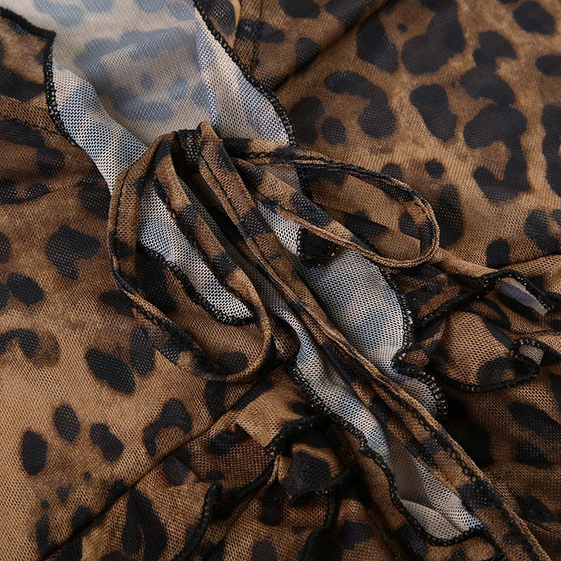 Bxoxo Leopard Shirt y2k Clothing Women Front Tie-up Ruffled Trim Flared Long Sleeve Mesh Blouse Top Grunge Clothes Streetwear